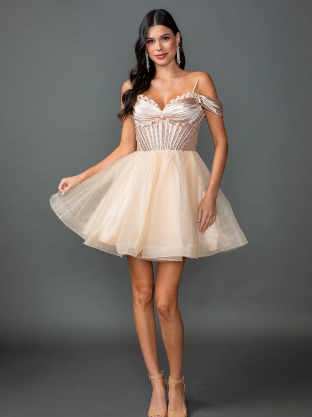 NEW CHAMPAGNE Evening Gown Floor Length Formal Elegant Stunning 3428